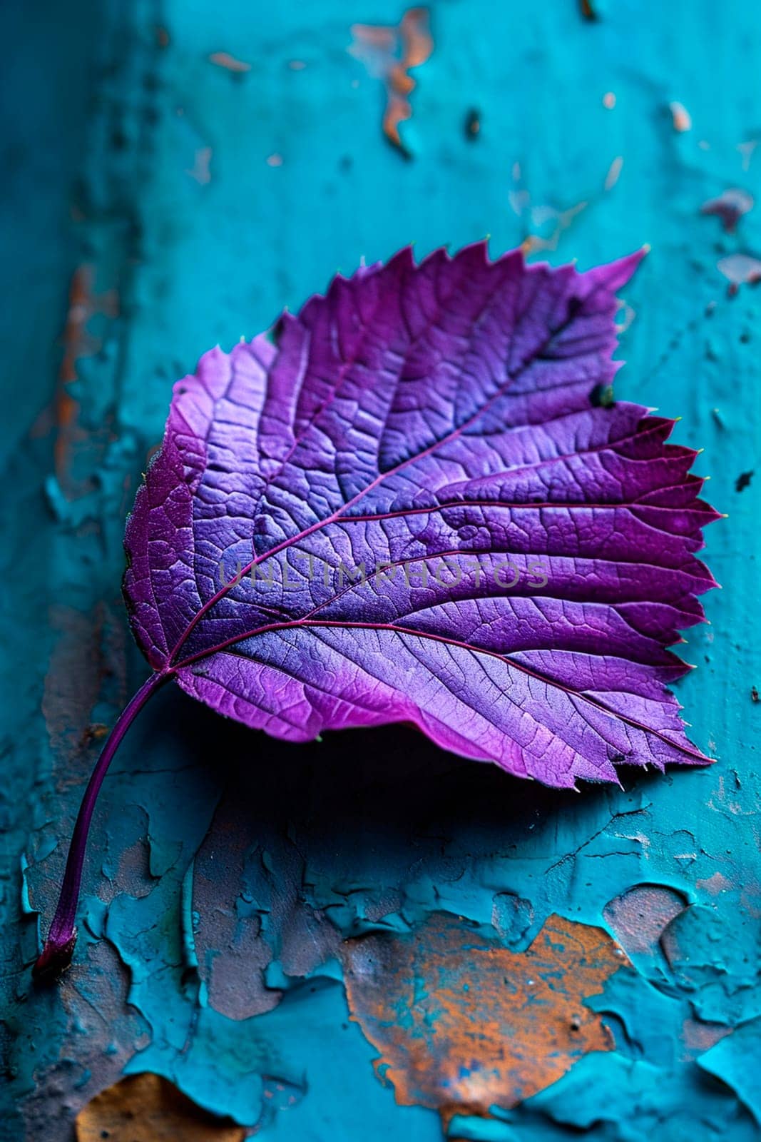 Purple leaf on a blue background. Selective focus. by yanadjana