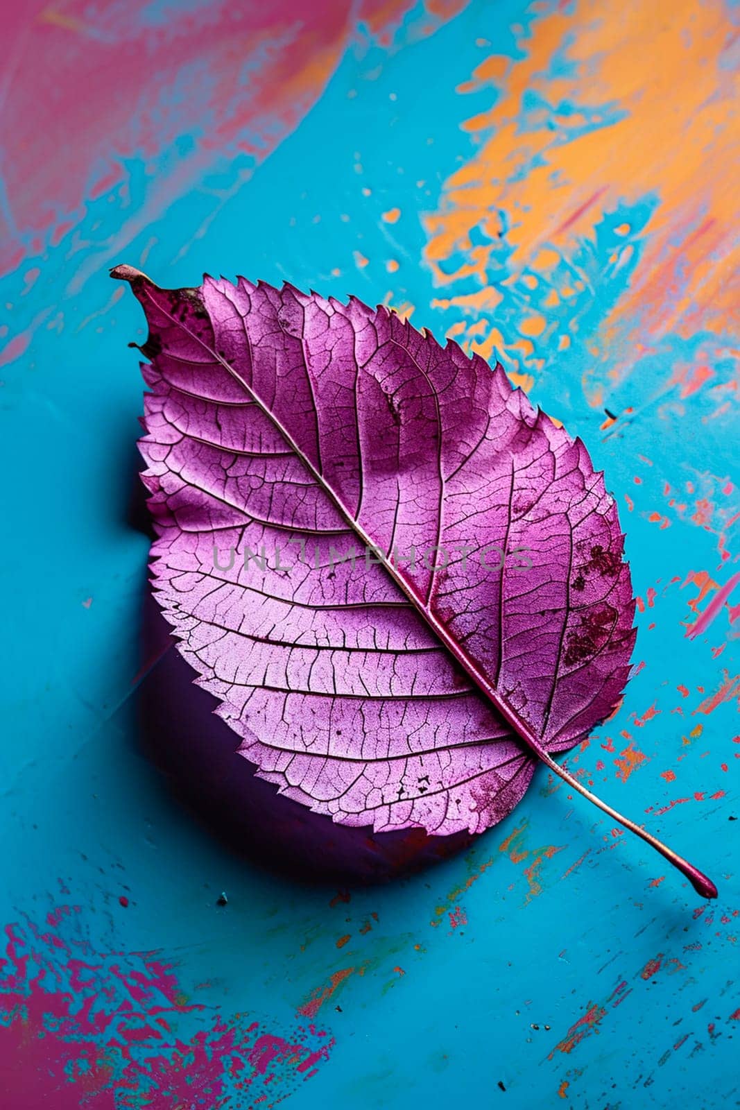 Purple leaf on a blue background. Selective focus. by yanadjana