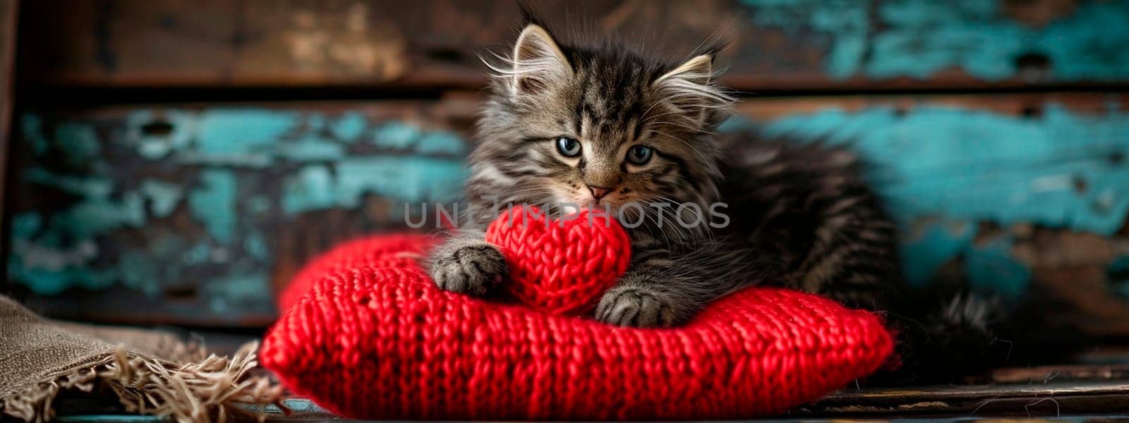 Kitten with a knitted heart. Selective focus. Love.