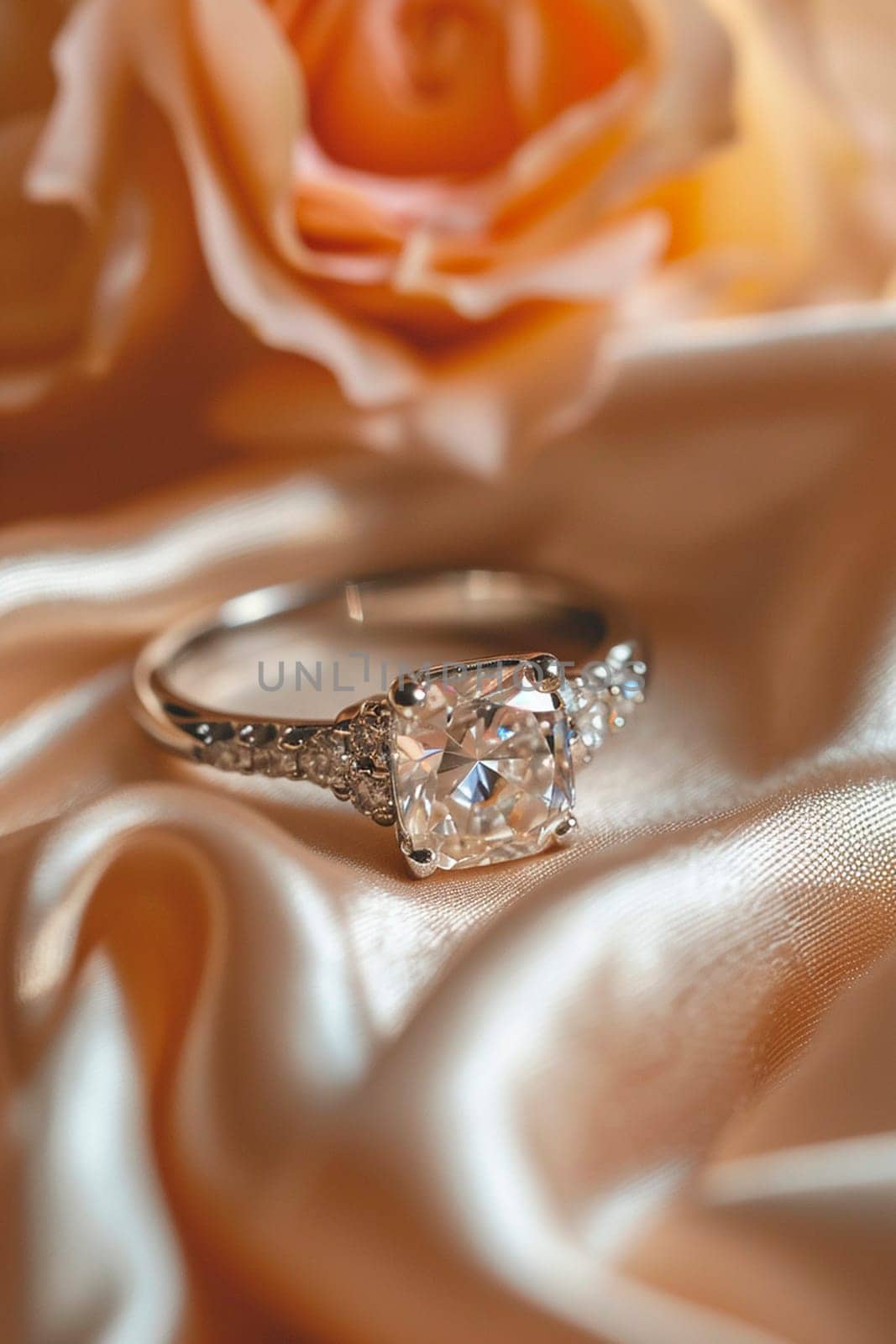 Stunning cushion cut diamond engagement ring. Selective focus. by yanadjana