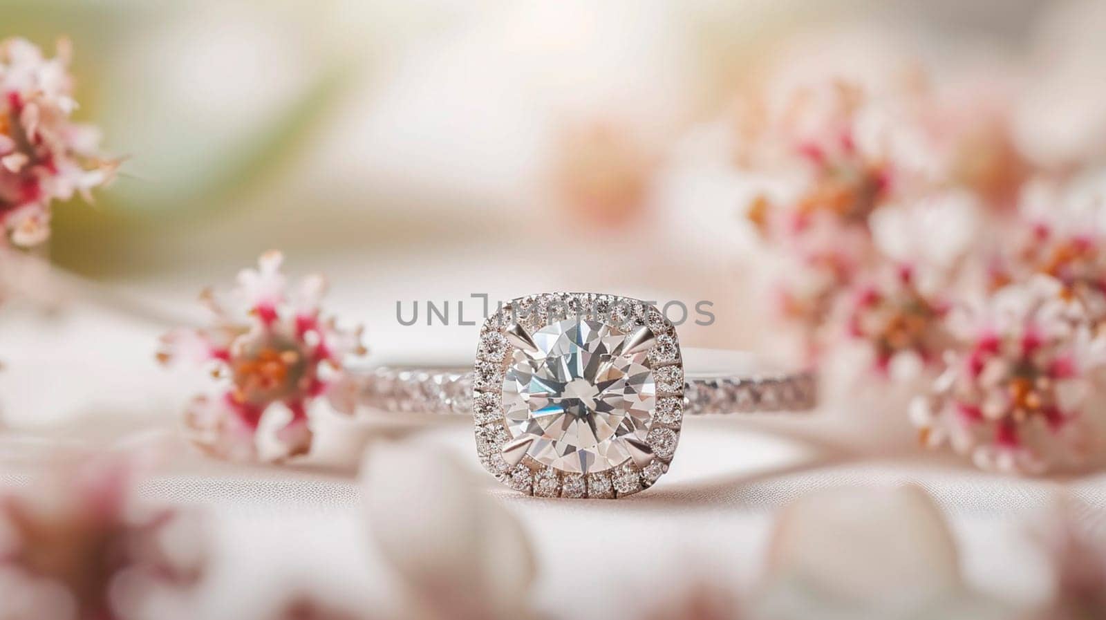 Stunning cushion cut diamond engagement ring. Selective focus. white.