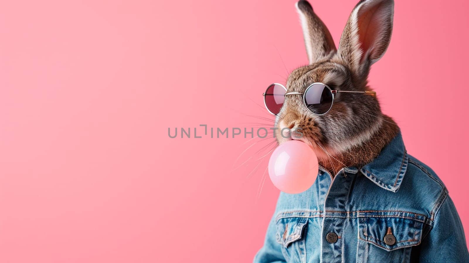 A rabbit on a pink background in a denim jacket chews gum and blows a ball. Selective focus. animal.