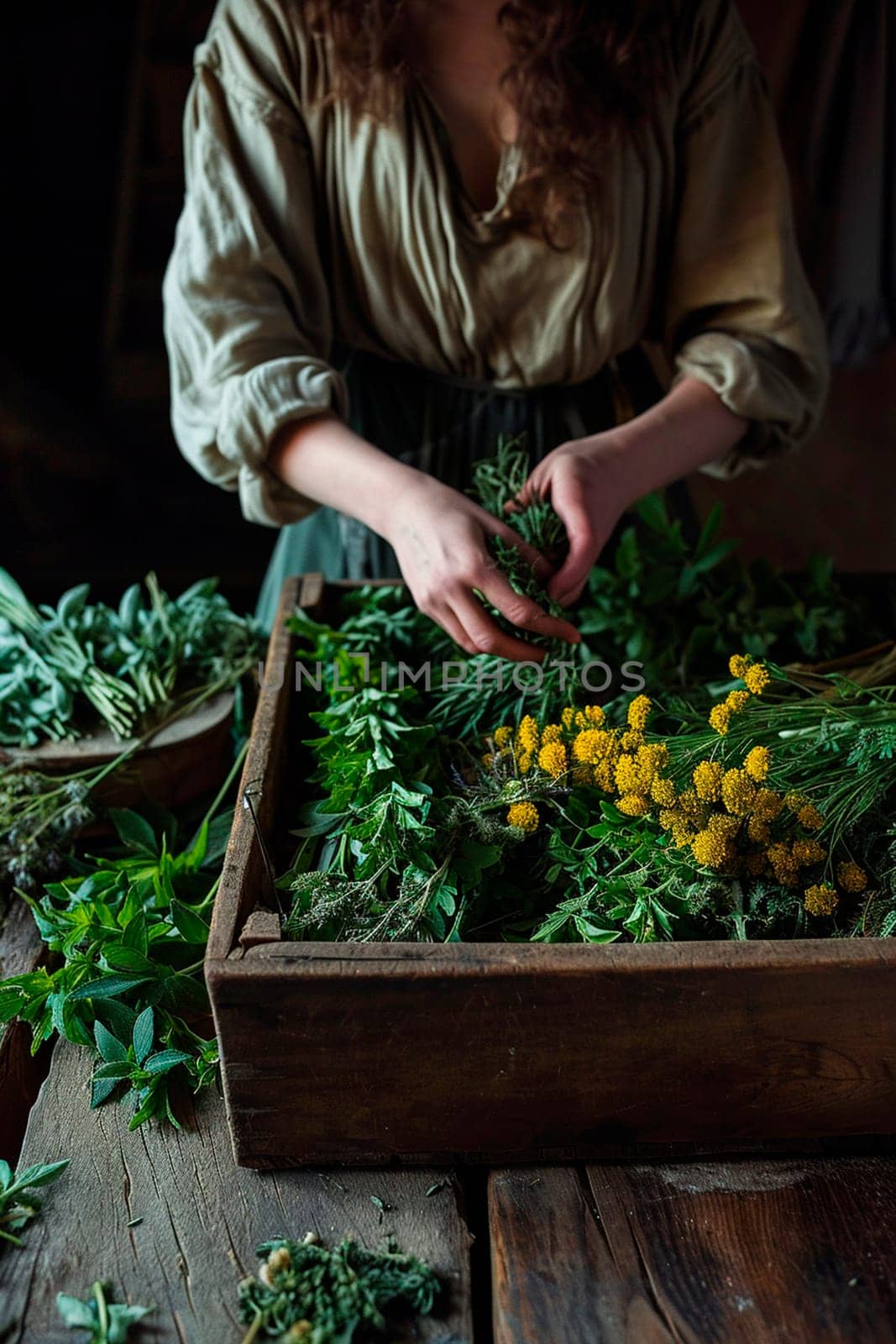 Woman in the garden collecting medicinal herbs. Selective focus. by yanadjana
