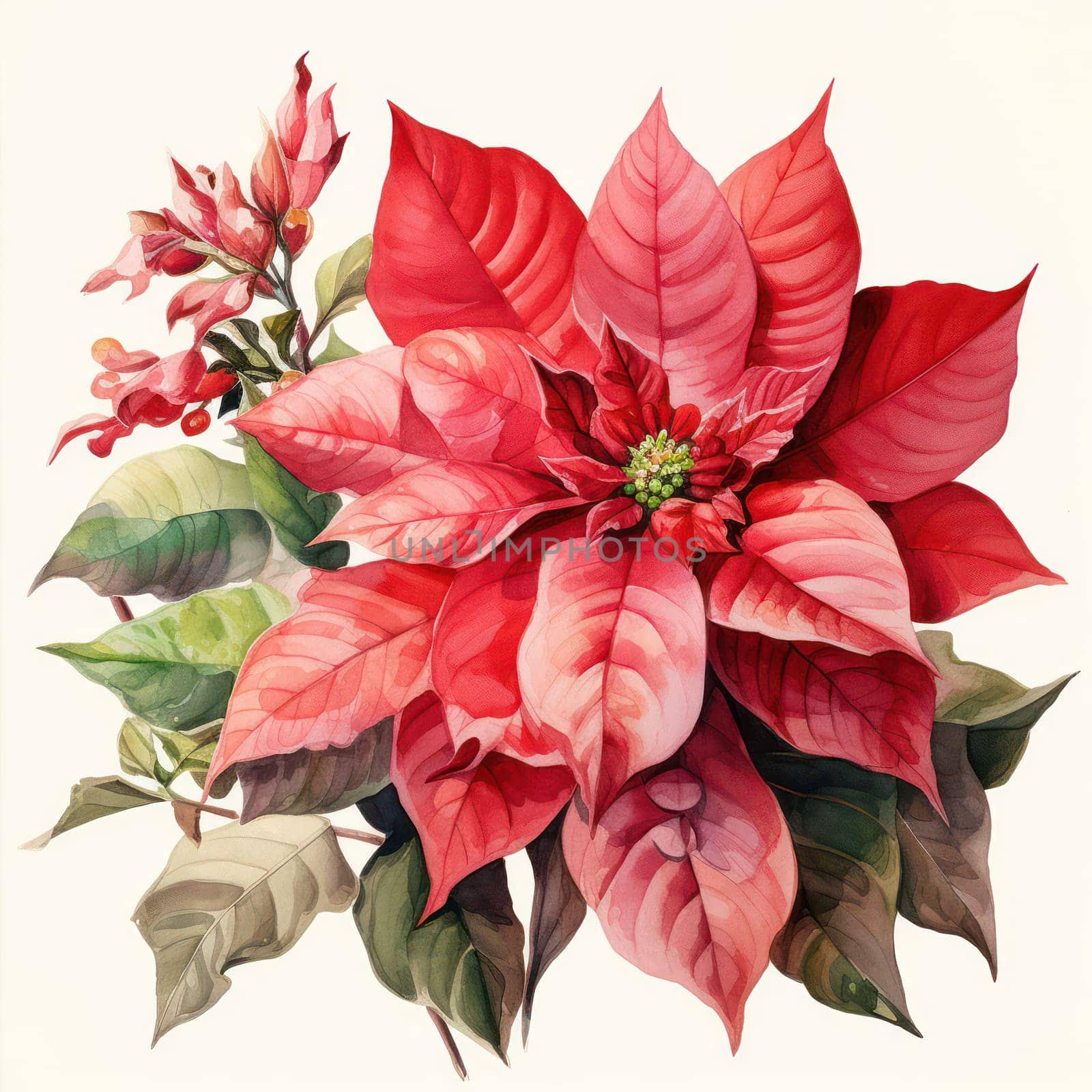Red Poinsettia: Festive Holiday Floral Illustration with Watercolor Effect on a Bright and Merry Christmas Card