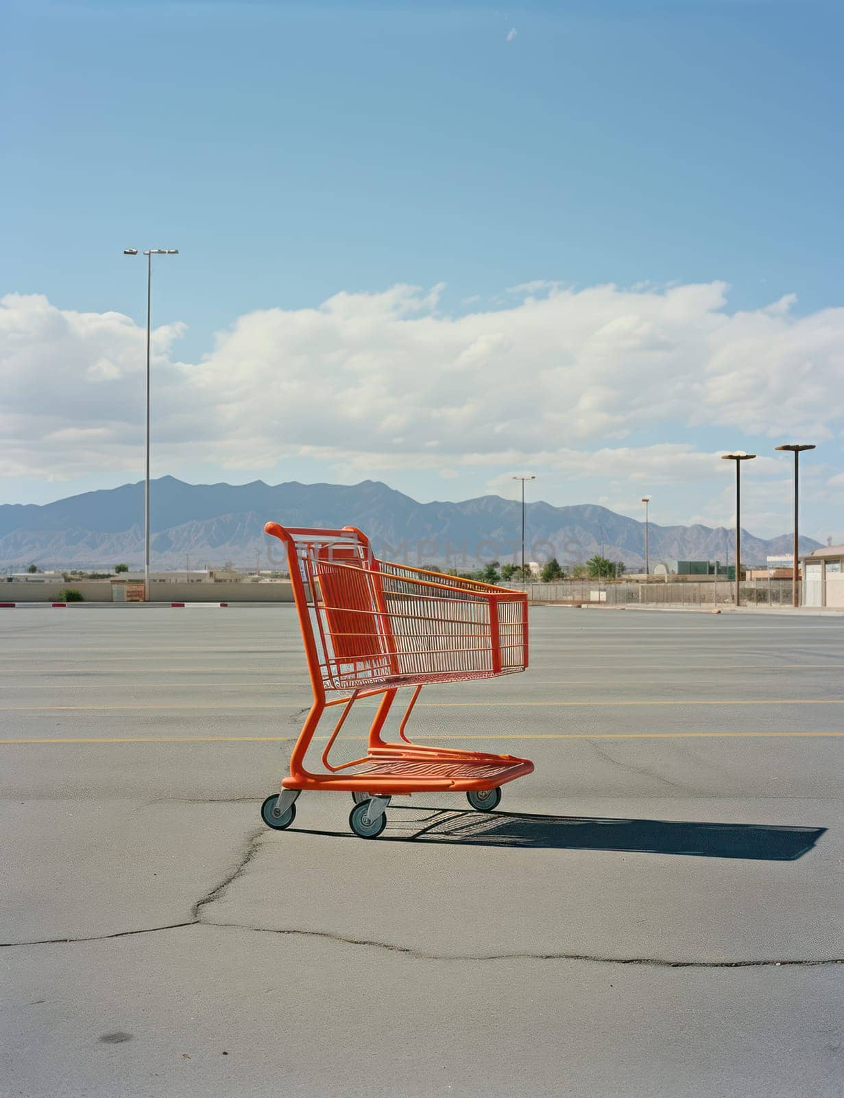 Empty supermarket shopping cart on white background, symbolizing modern commerce and consumerism. by Vichizh