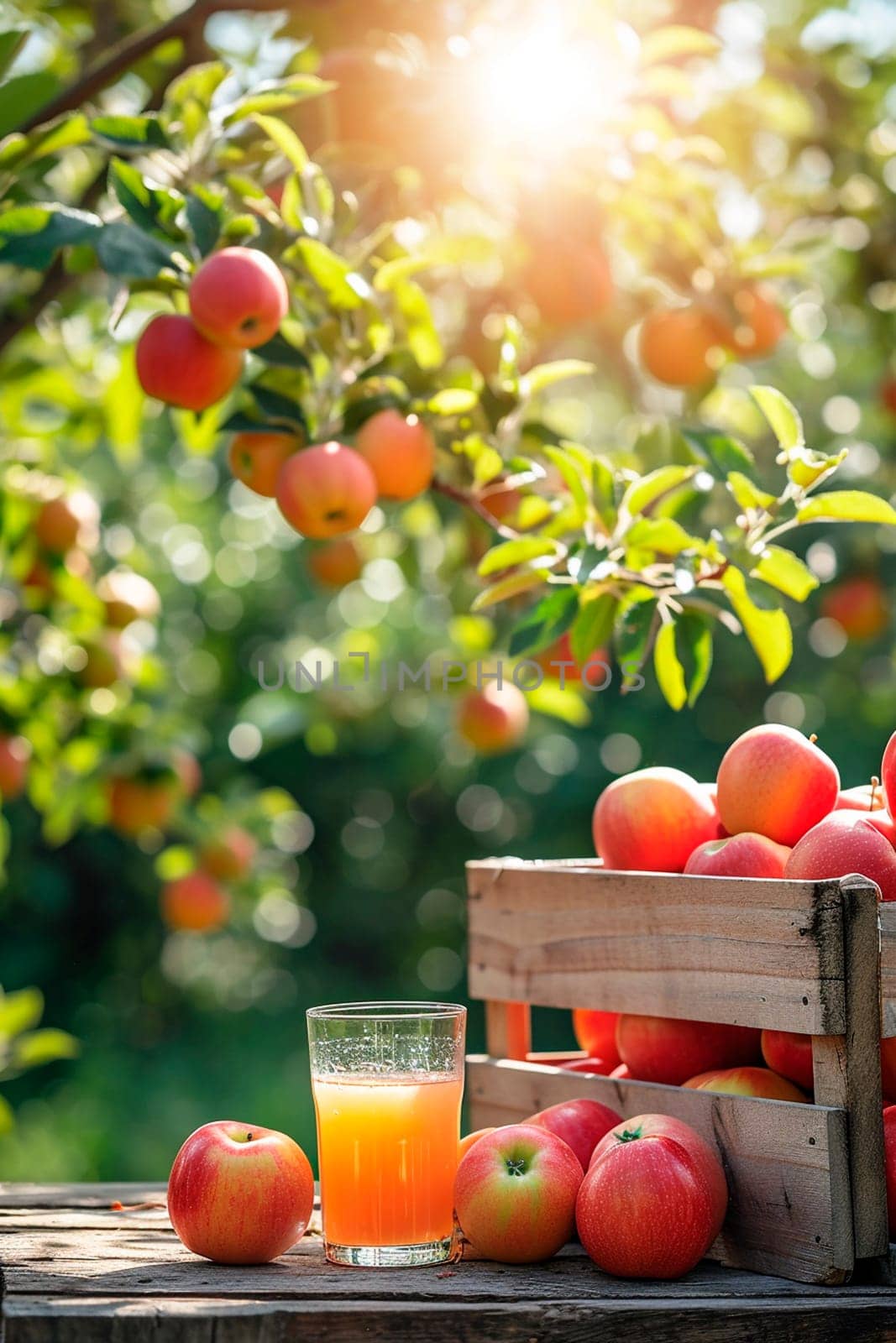 Apple juice on a table in the garden. Selective focus. Food.