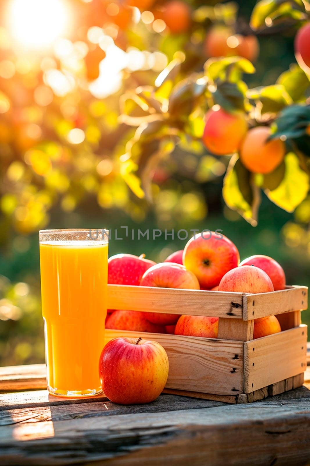 Apple juice on a table in the garden. Selective focus. by yanadjana