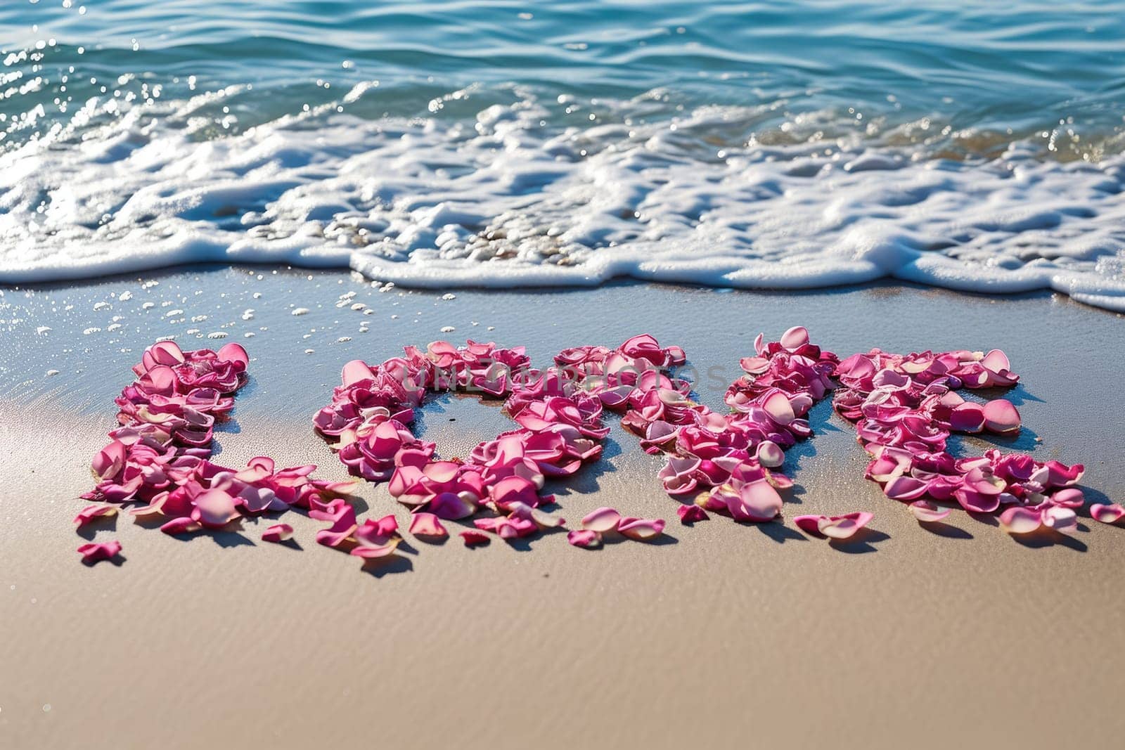 romantic beach of love rose petals on the coastline wide view pragma