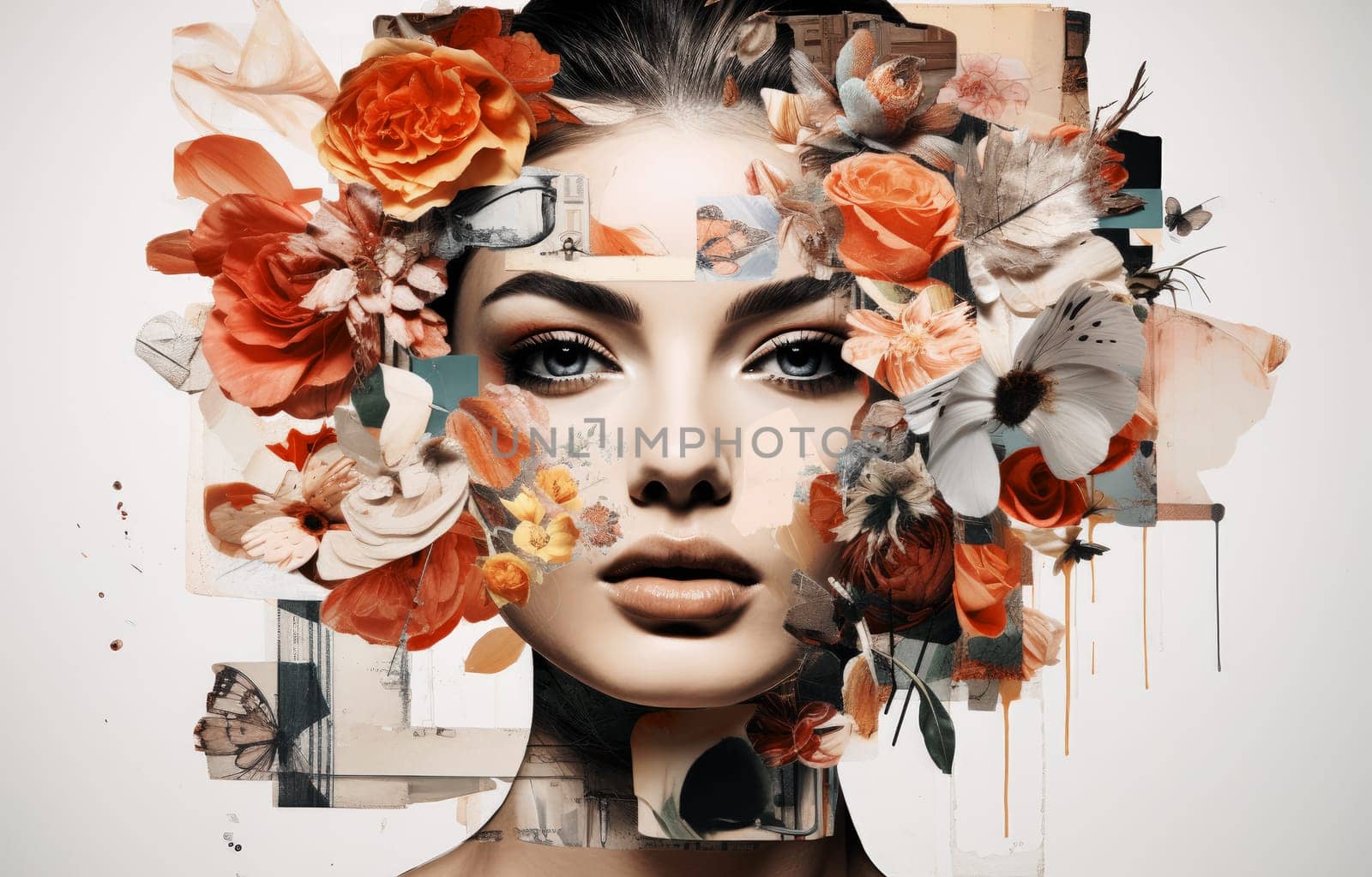 Abstract art portrait of young woman with flowers decoration comeliness