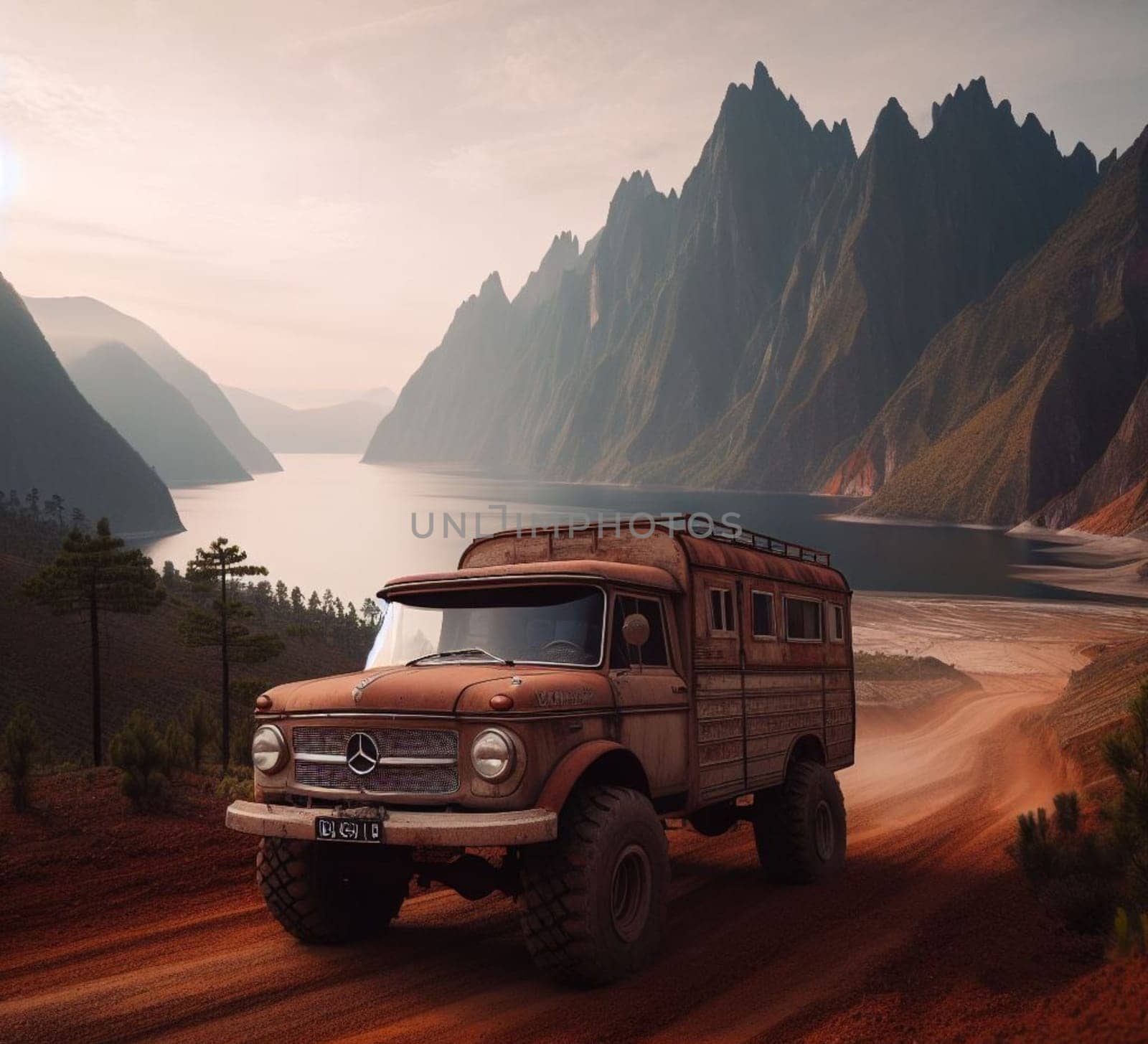 rusty dirt offroad 4x4 lifted vintage custom camper conversion jeep overlanding in mountain roads by verbano