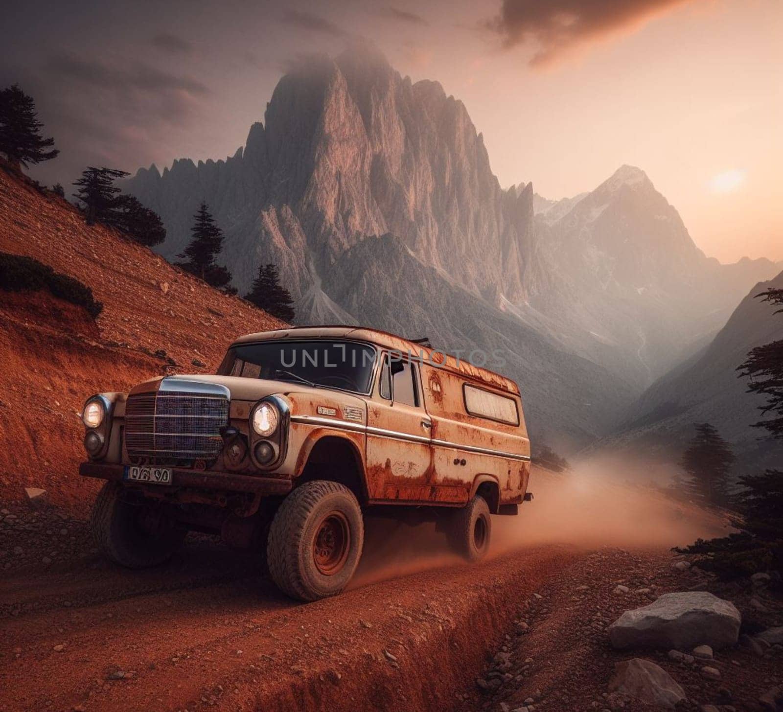 rusty dirt offroad 4x4 lifted vintage custom camper conversion jeep overlanding in mountain roads, nomadic lifestyle, adventure living, ai generated