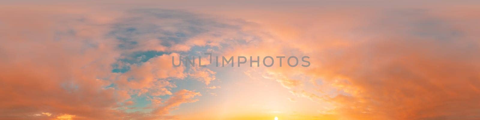 Bright sunset sky panorama with Cirrus clouds. Seamless hdr spherical equirectangular 360 panorama. Sky dome or zenith for 3D visualization, game and sky replacement for aerial drone 360 panoramas.