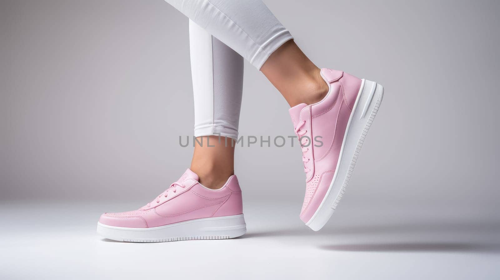 Cropped image of unrecognizable woman in pink sneakers , choosing comfortable shoes, isolated on gray background. Elegance and sport.