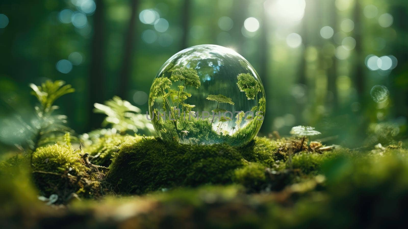 Crystal Globe Resting on Lush Moss. Global Sustainability. Crystal Globe Amidst Verdant Moss. Environment, Society, Governance: Crystal Globe on Moss by ViShark