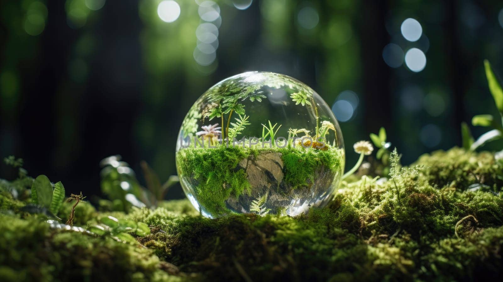 Sustainable Vision. Crystal Globe Depicting ESG on Moss. ESG Representation. Crystal Globe Laid on Vibrant Moss. Earth's Values. Crystal Globe Showcasing ESG Principles by ViShark