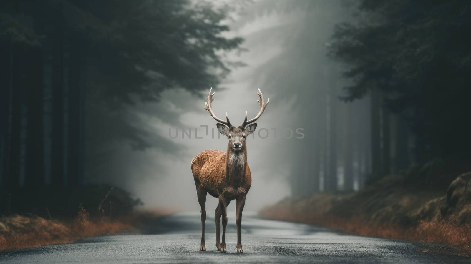 Roadside Encounter. Misty Morning with Deer Crossing, Transport Hazard in Foggy Forest Surrounding, Wildlife Caution. Morning Fog Encounter. Deer Crossing Warning on Road, Wildlife Hazards by ViShark
