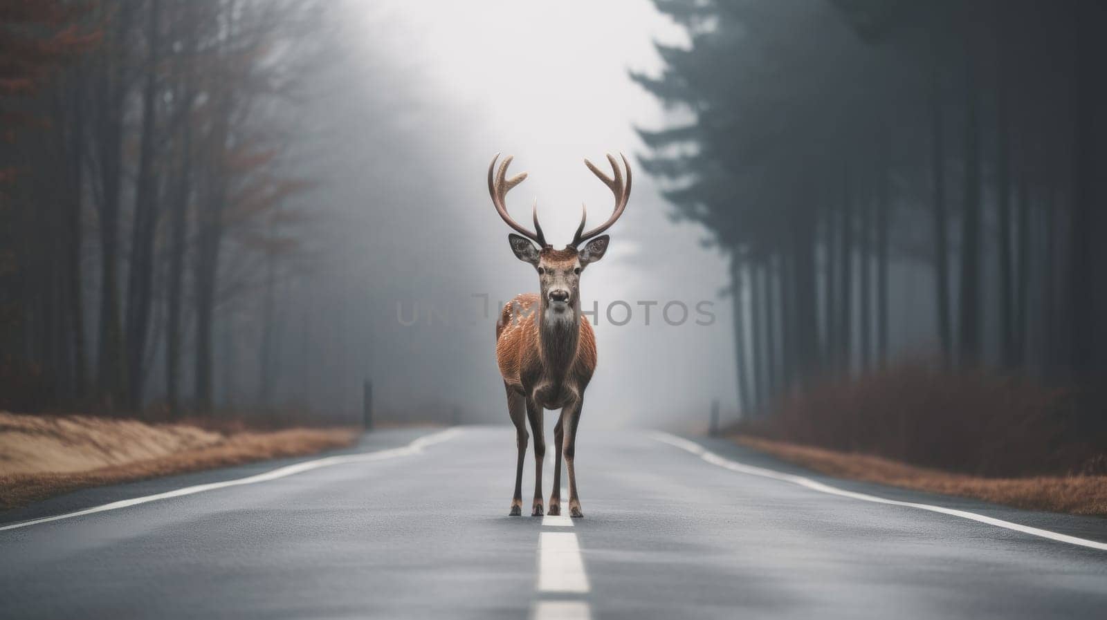 Wildlife Caution. Deer Crossing on Misty Forest Road, Transport Hazard Alert, Road Safety Awareness in Foggy Morning Setting.
