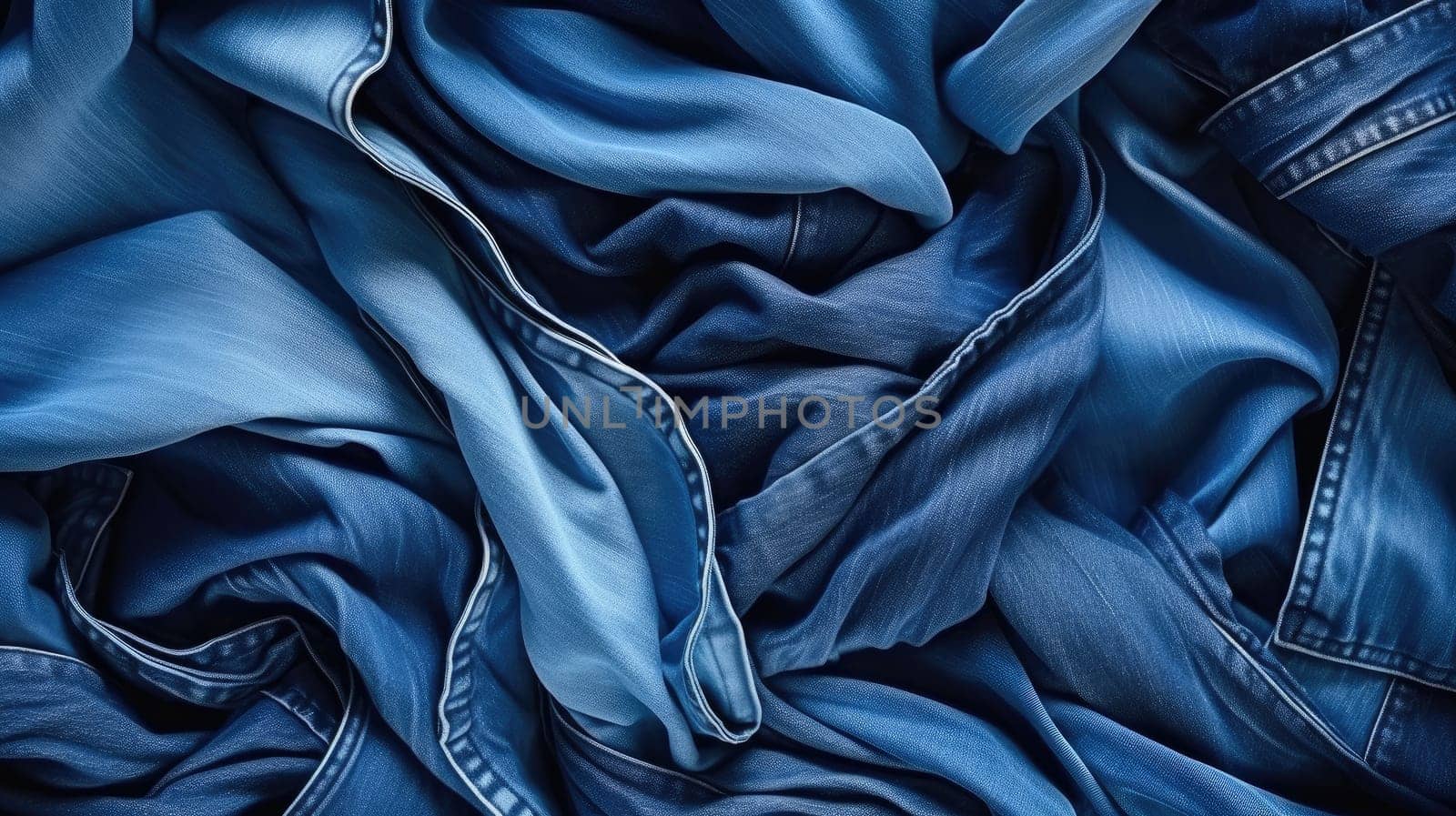 Denim background. Variety of crumpled blue jeans. Top view to stack of jeans denim. Top View Stack of Crumpled Blue Jeans, Assorted Denim Background Clothing Variety and Textured Folded Denim Display