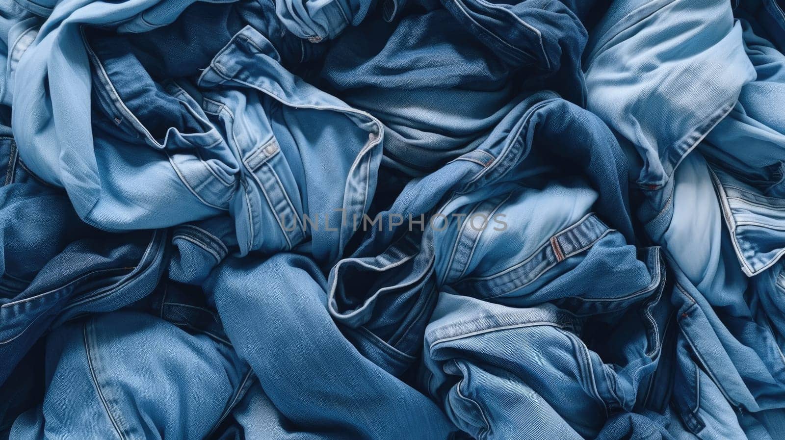 Assorted Denim Stack - Top View of Crumpled Blue Jeans as Background. Fashion Display with Textured Folded Denim Variety. Clothing Selection and Texture Concept for Design and Marketing by ViShark