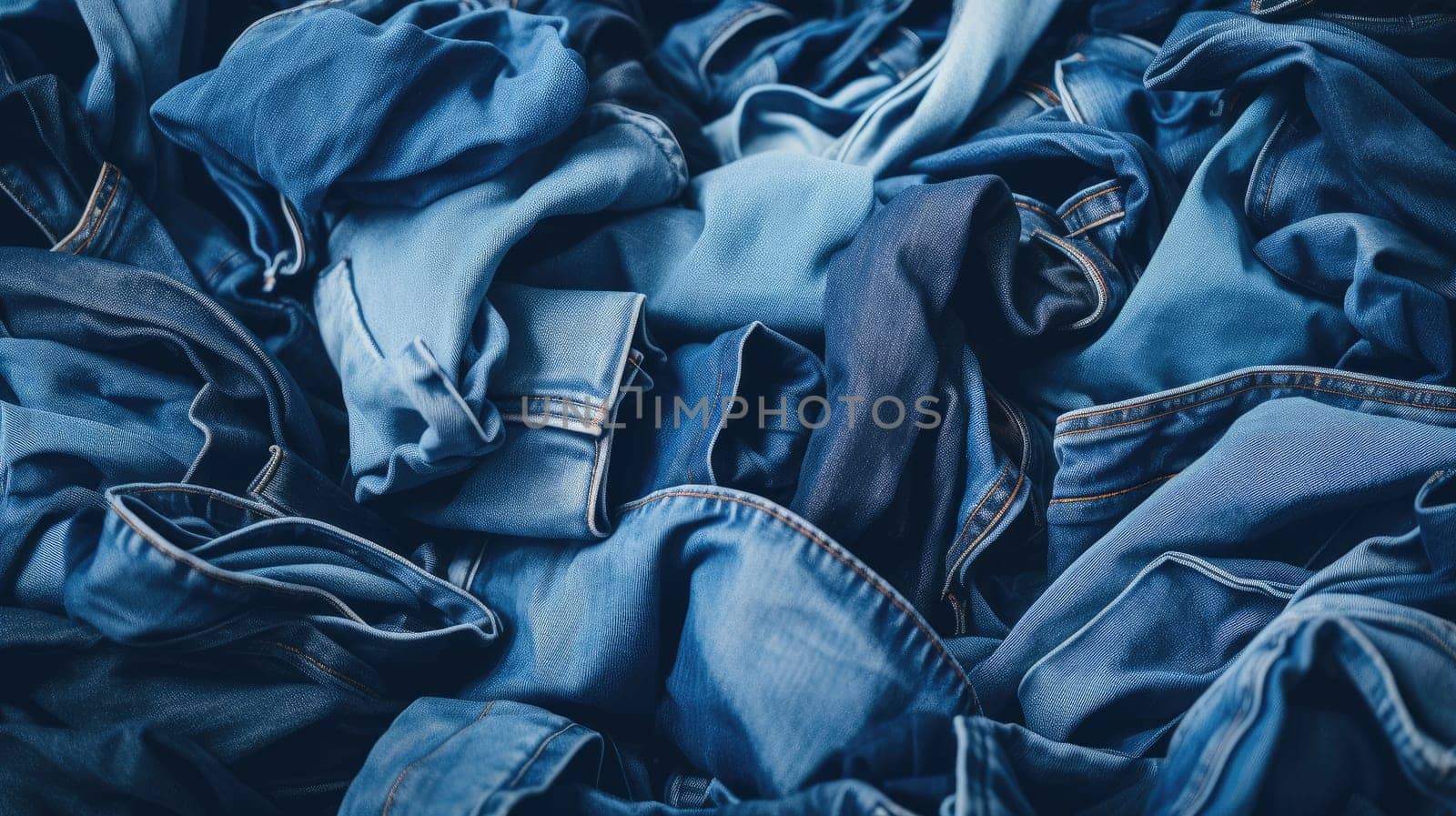 Assorted Crumpled Blue Jeans - Top View Denim Stack Background. Fashionable Variety of Textured Folded Denim. Stylish Clothing Display Ideal for Design Concepts, and Apparel Marketing Imagery
