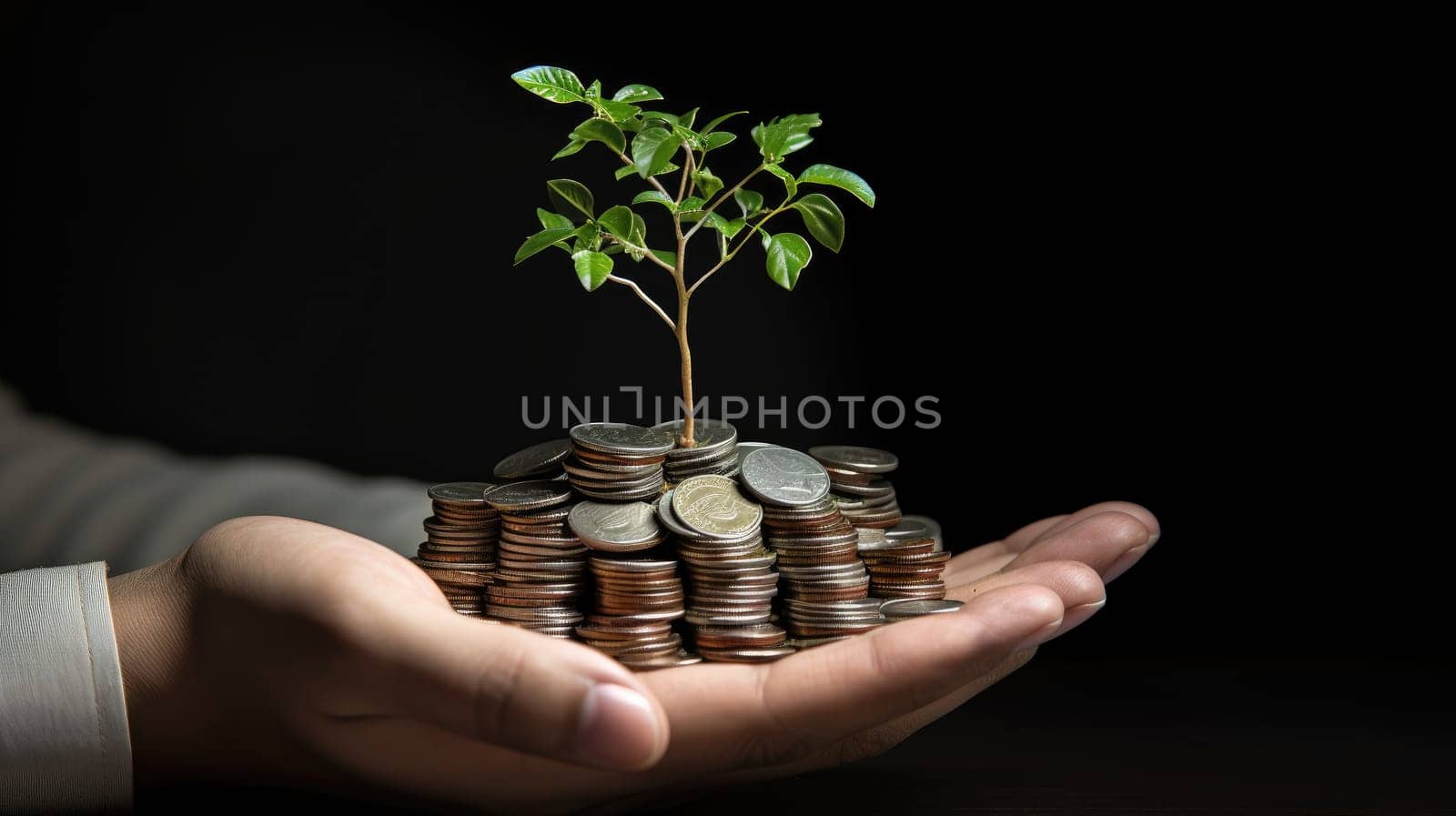 Sapling Grows on a Hand Holding Silver Coins. Green Business Ideas, Carbon Credits, and Innovative Investment in Eco-Friendly Initiatives. Concept of Environmentally Responsible Finance and Growth