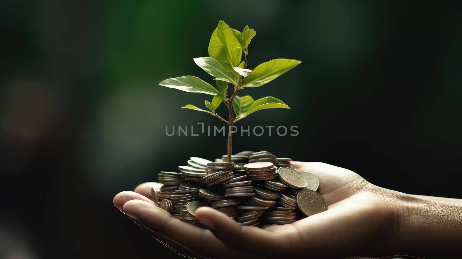 Hand Cradles Sapling Above Silver Coins. Innovative Green Business Ideas for Finance and Investment. Conceptual Image of Carbon Credits and Eco-Friendly Taxation. Planting the Seeds of Financial by ViShark