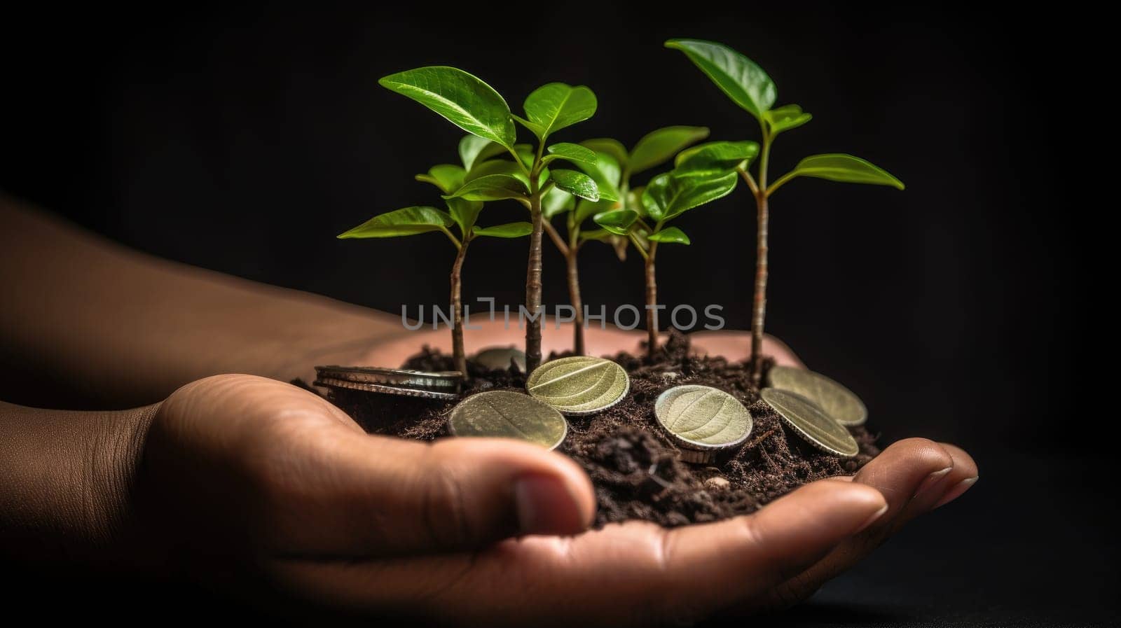 Sapling Emerging from Hand Grasping Silver Coins. Illustrating Green Business Concepts for Finance and Investment. Symbolic Image of Carbon Credits and Eco-Friendly Taxation Strategies for a Greener