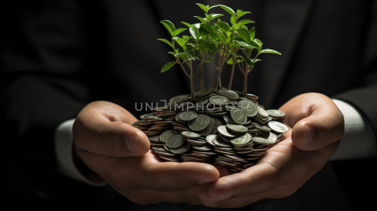 Sapling Sprouting from Hand with Silver Coins. Innovative Green Business Ideas for Finance and Investment. Conceptual Image Signifying Carbon Credits and Eco-Friendly Taxation. by ViShark