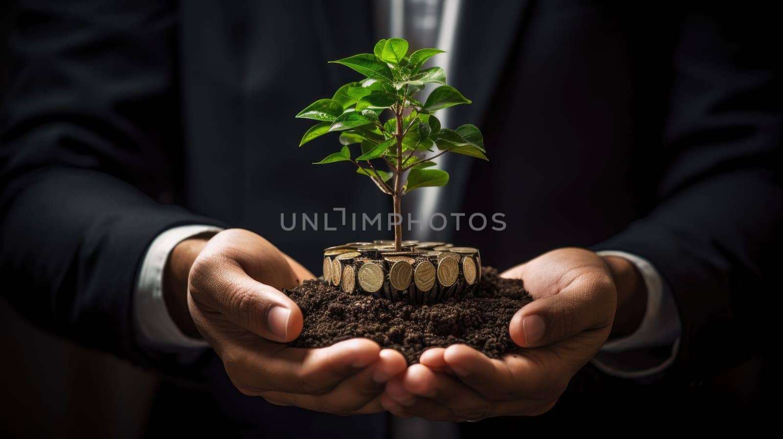 Sapling Thrives on a Hand Grasping Silver Coins. Capturing Green Business Concepts for Finance and Investment. Symbolic Representation of Carbon Credits and Eco-Friendly Taxation Strategies. by ViShark