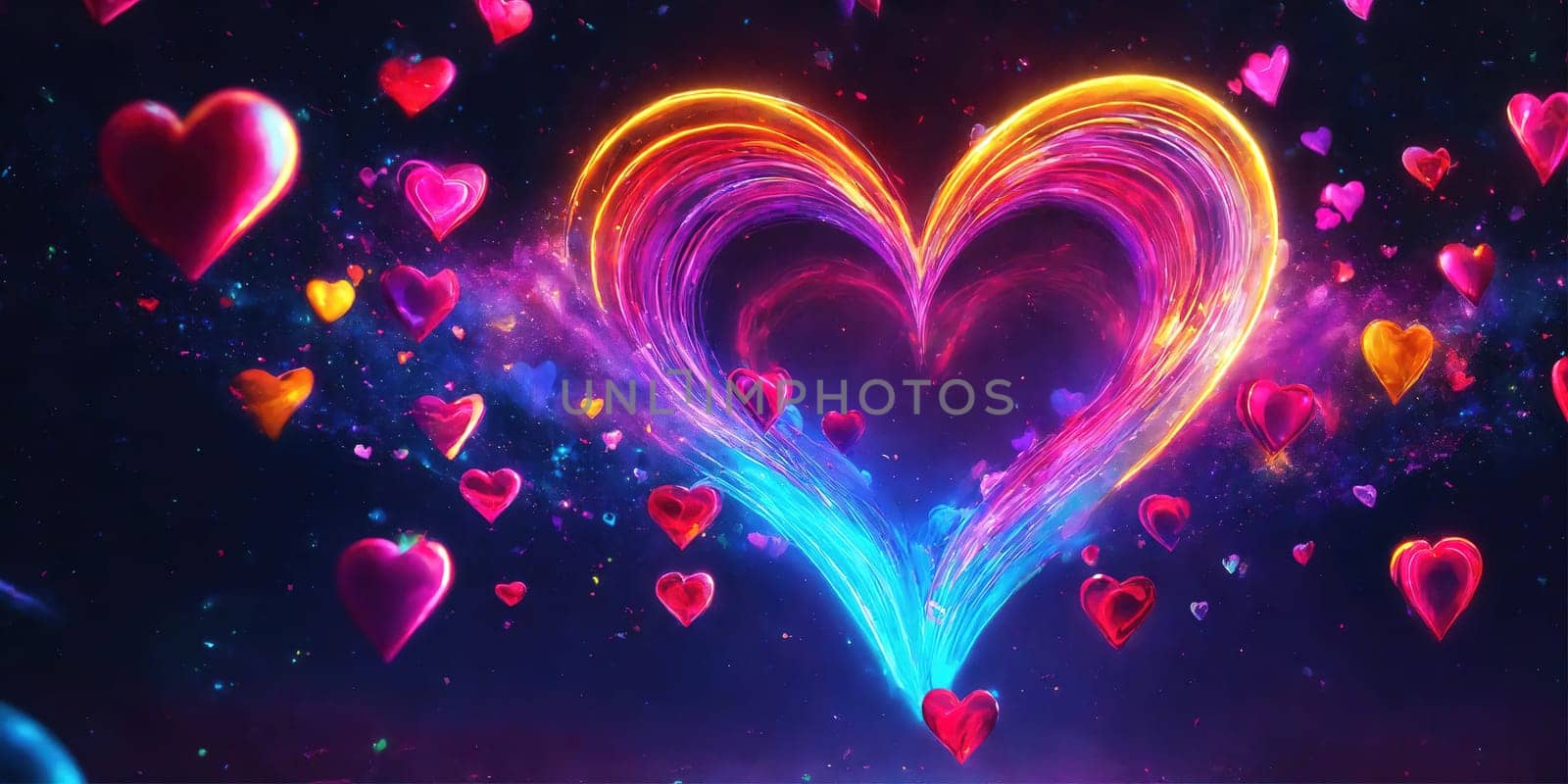 Neon hearts for Valentine's day. Generative AI by gordiza