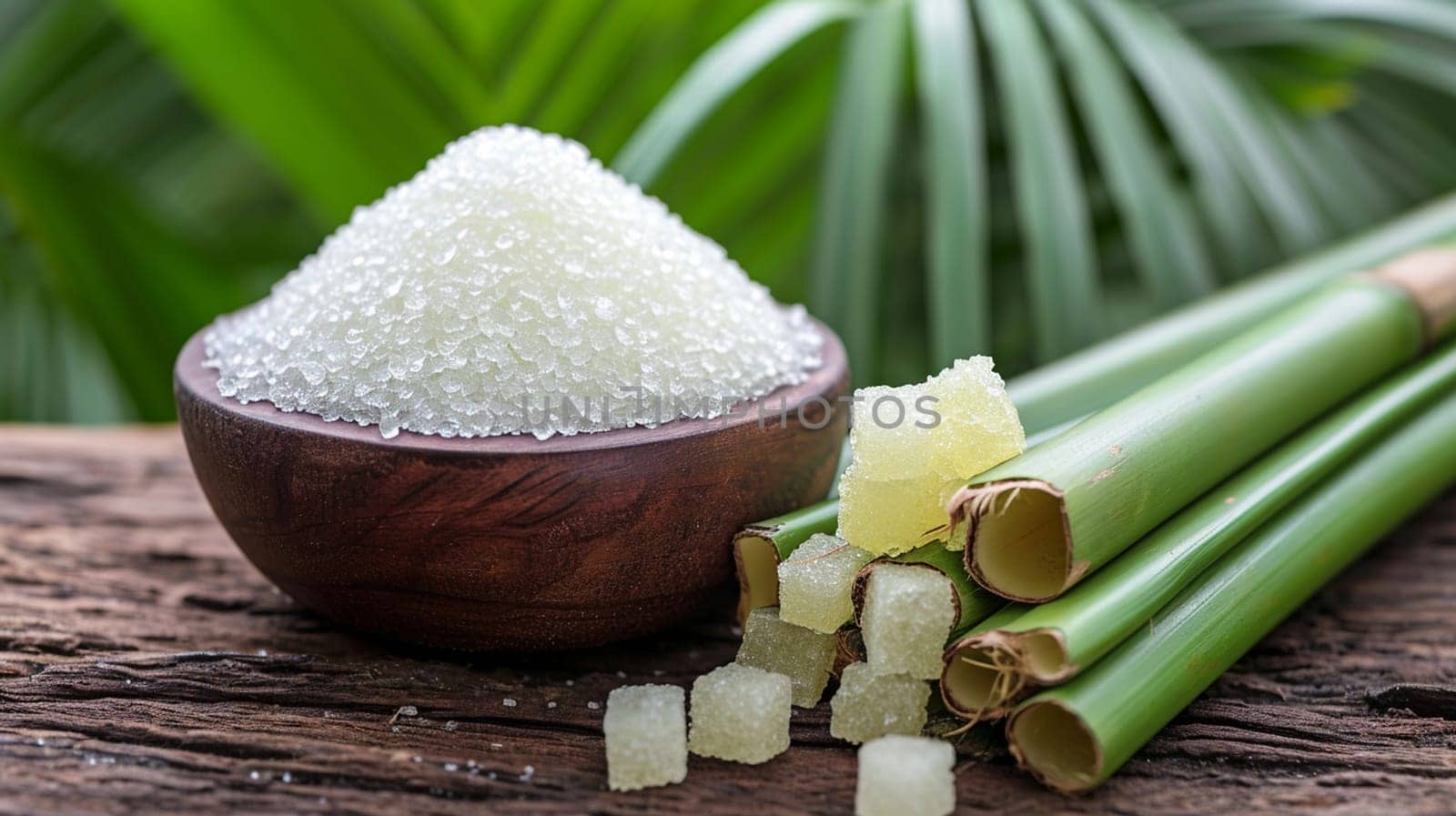 White sugar with fresh sugar cane on wooden table. selective focus. Generative AI, by mila1784