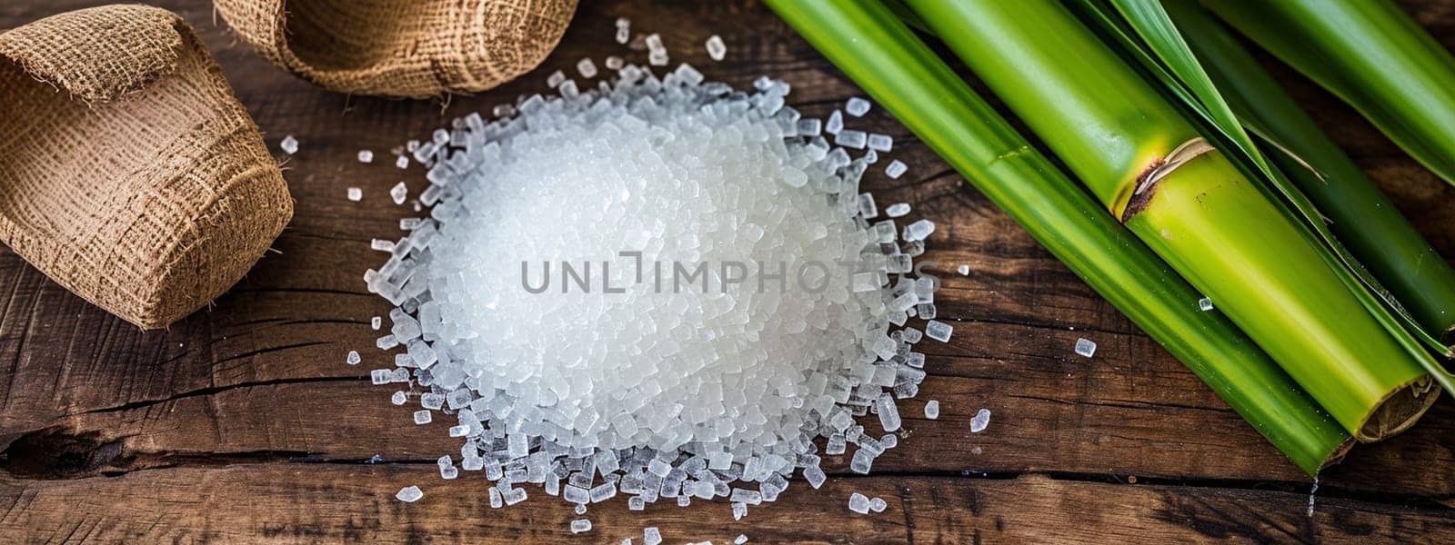 White sugar with fresh sugar cane on wooden table. selective focus. Food Generative AI,
