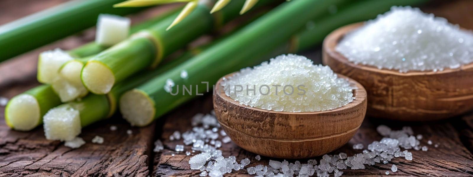 White sugar with fresh sugar cane on wooden table. selective focus. Generative AI, by mila1784