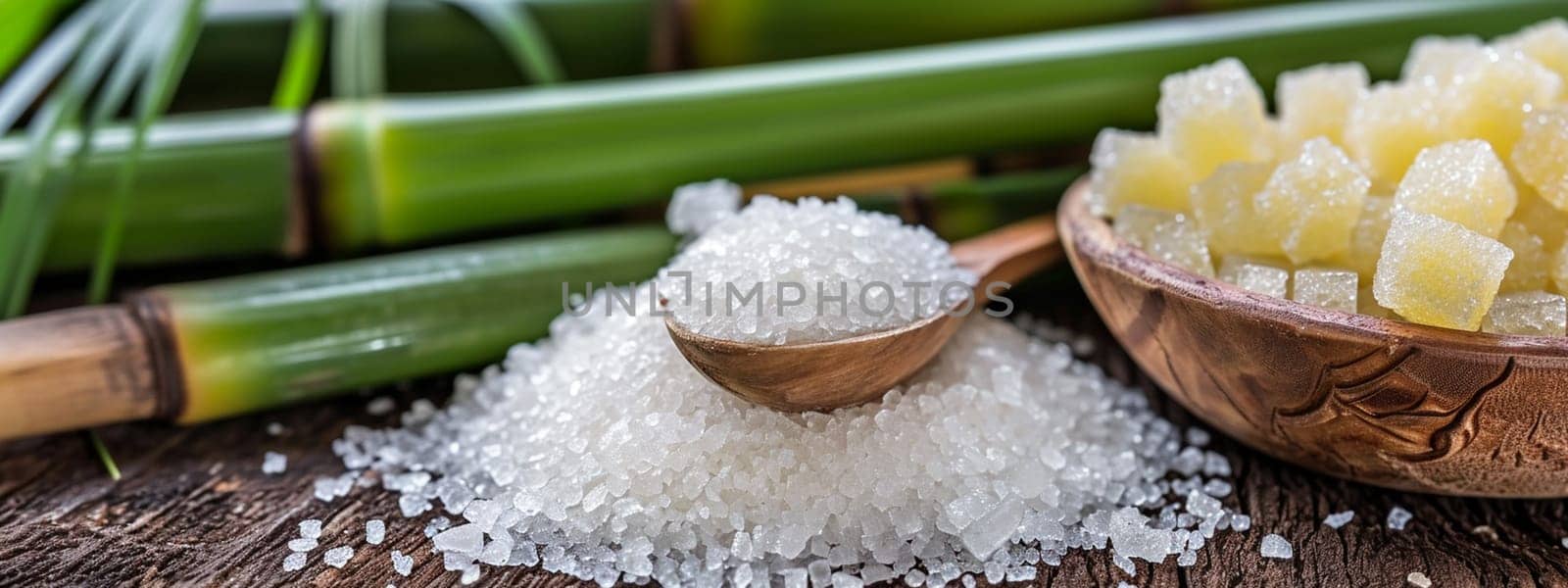 White sugar with fresh sugar cane on wooden table. selective focus. Generative AI, by mila1784