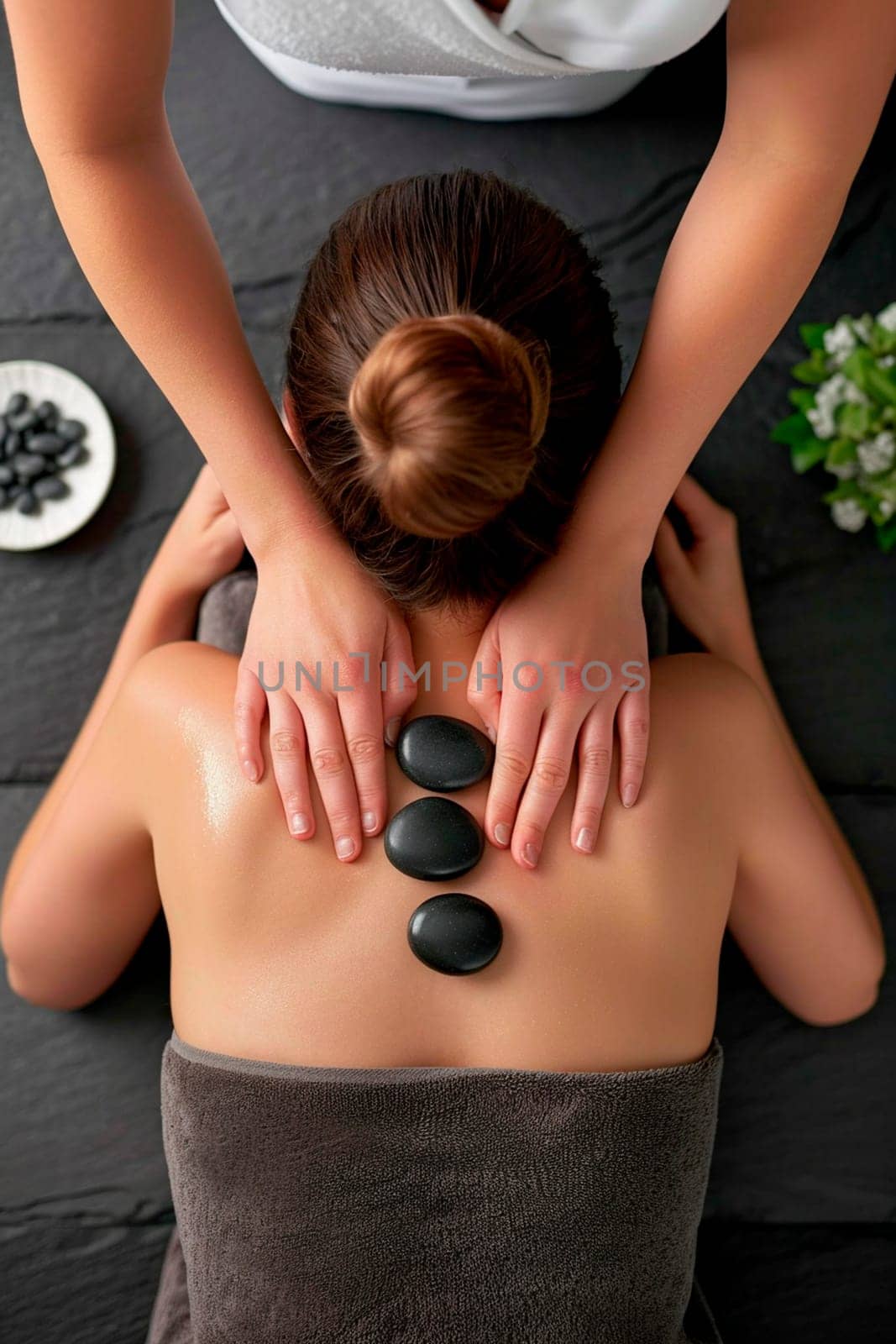 Woman in spa salon stones. Selective focus. People.