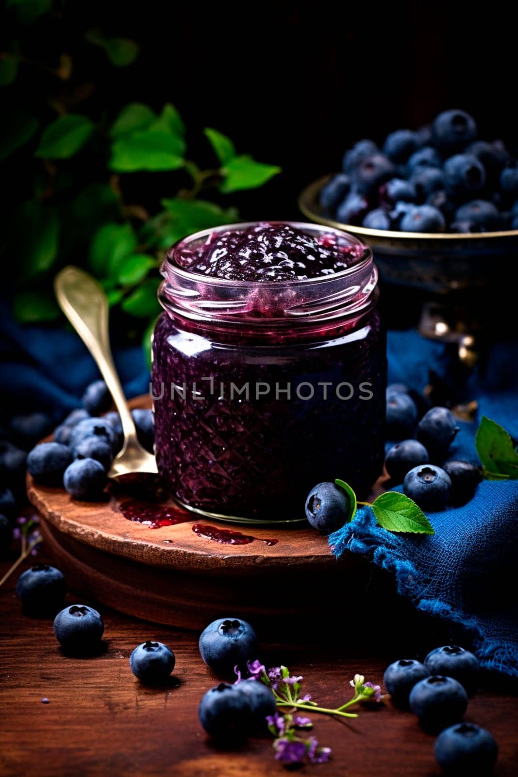 Blueberry jam in a jar. Selective focus. Food.