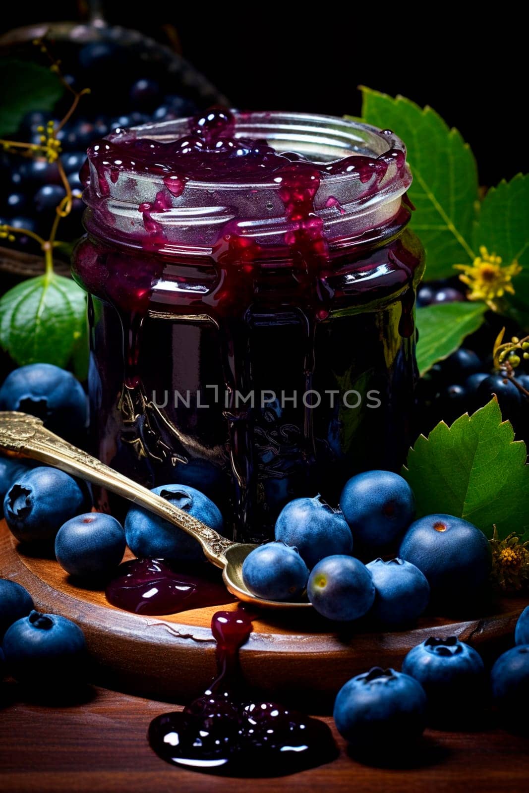 Blueberry jam in a jar. Selective focus. Food.