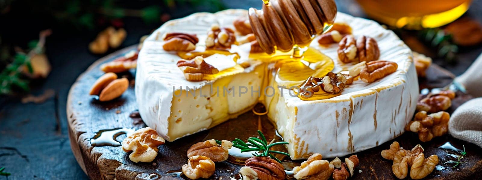 Camembert with honey and nuts. Selective focus. Food.