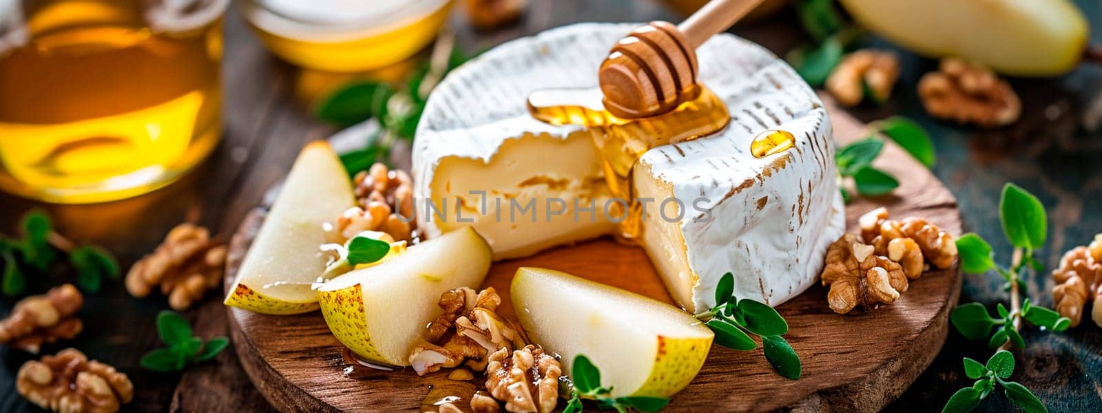 Camembert with honey and nuts. Selective focus. by yanadjana