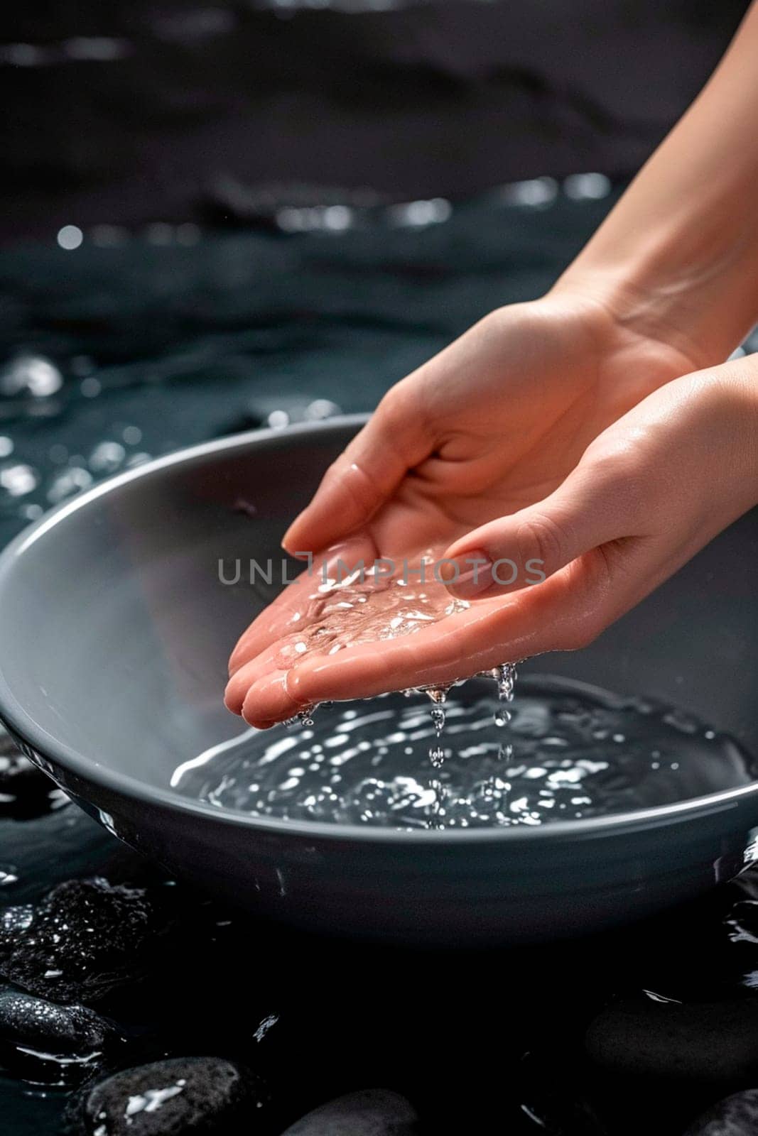 Woman's hands taking hand bath in spa salon. Selective focus. Nature.