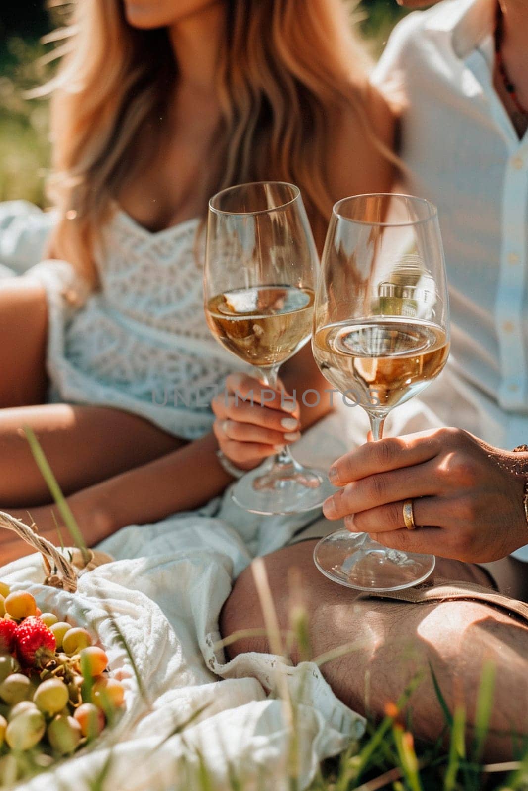 couple in love on a picnic with wine. Selective focus. by yanadjana