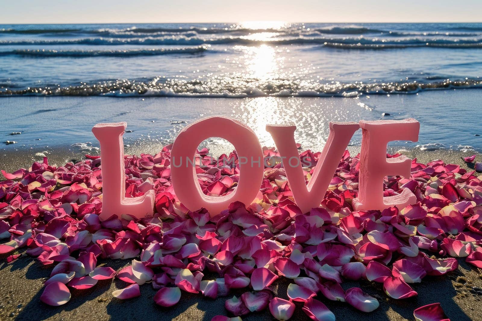 romantic beach of love rose petals on the coastline wide view pragma