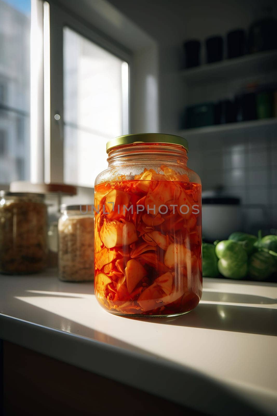 Homemade organic traditional Korean kimchi kale salad in a glass jar on the table. fermented vegetarian, canned food. by Ramanouskaya