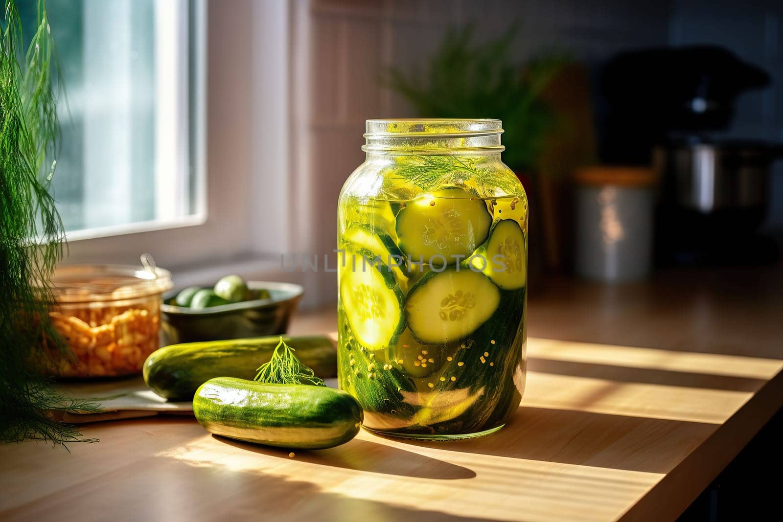 Jar with canned cucumbers and spices on a wooden board after cooking. Place for an inscription or advertising. by Ramanouskaya