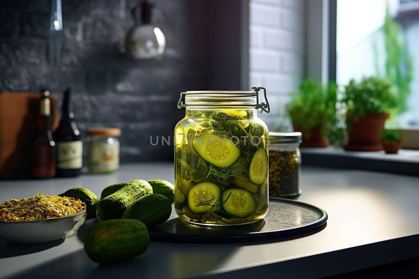 Jar with canned cucumbers and spices on a wooden board after cooking. Place for an inscription or advertising. by Ramanouskaya