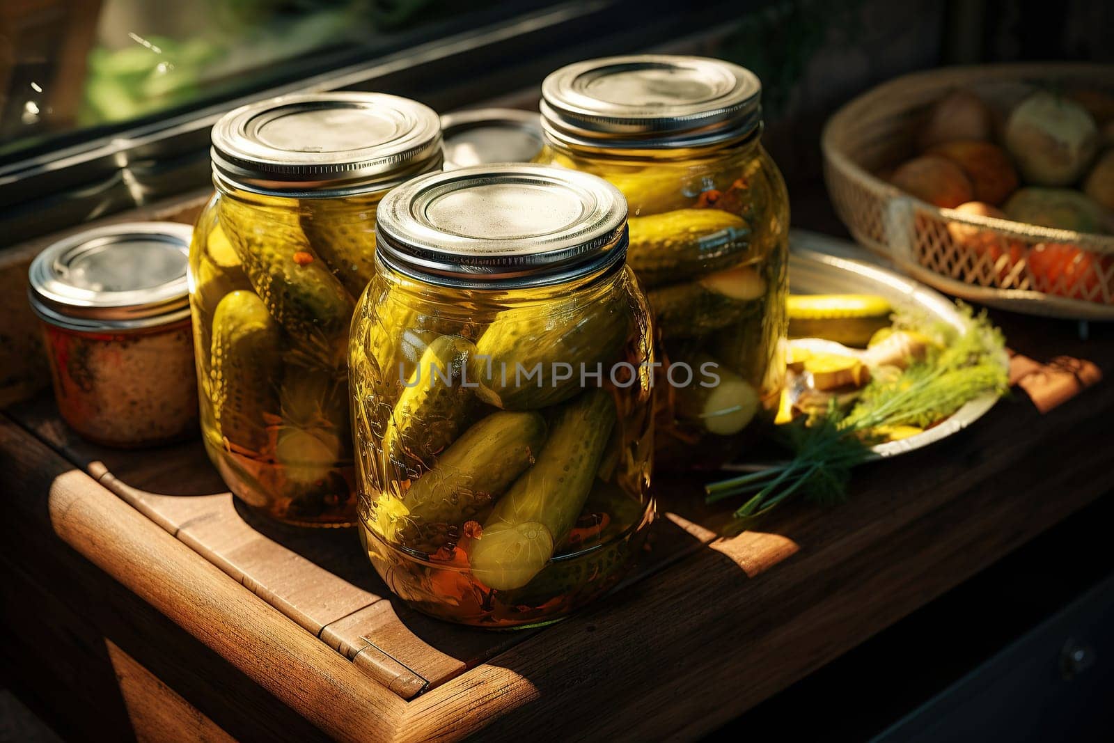 Jar with canned cucumbers and spices on a wooden board after cooking. Place for an inscription or advertising. by Ramanouskaya