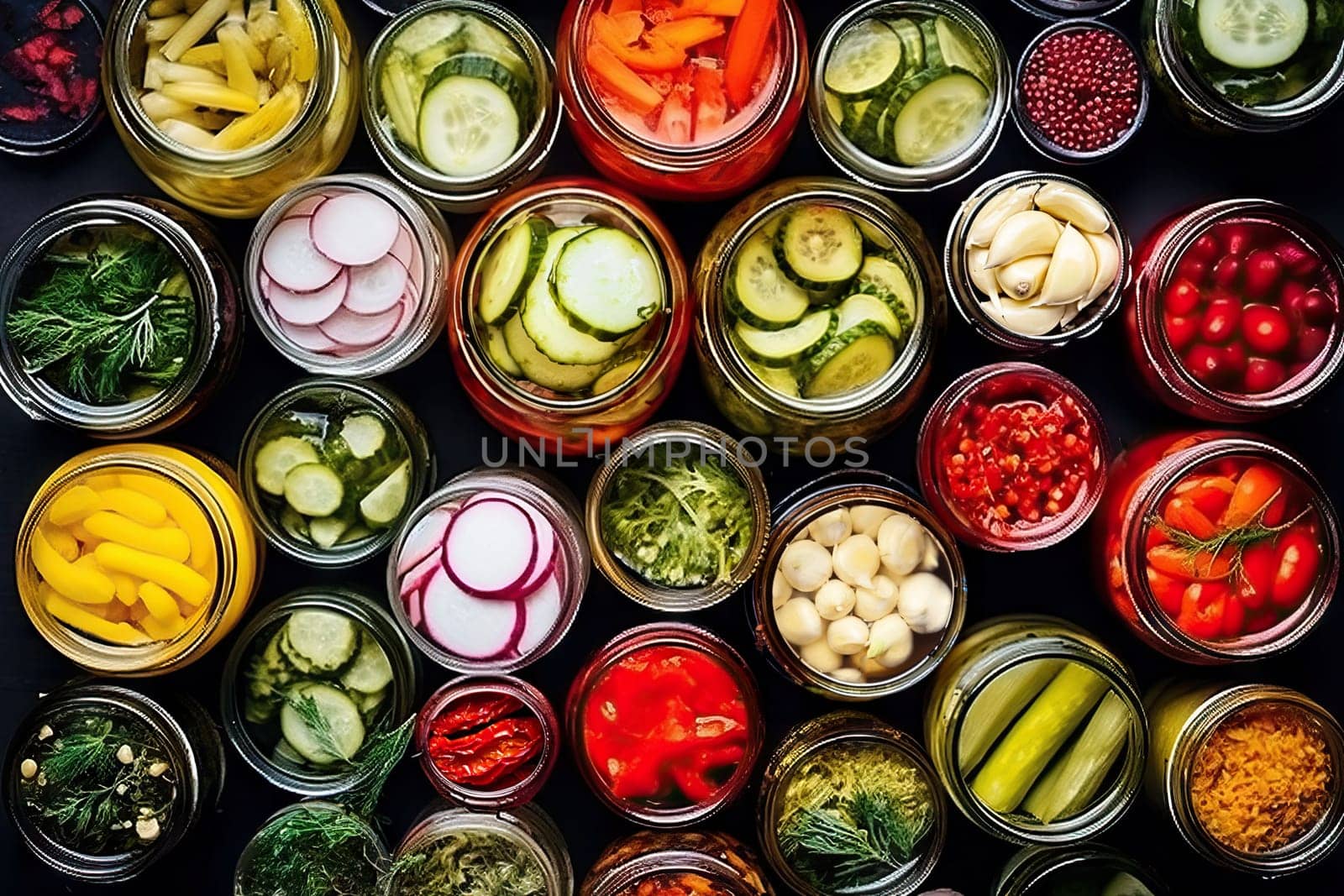 Fermented food overhead flat lay shot. Homemade vegetable preserves. Sauerkraut, pickles, kimchi etc in glass jars. by Ramanouskaya