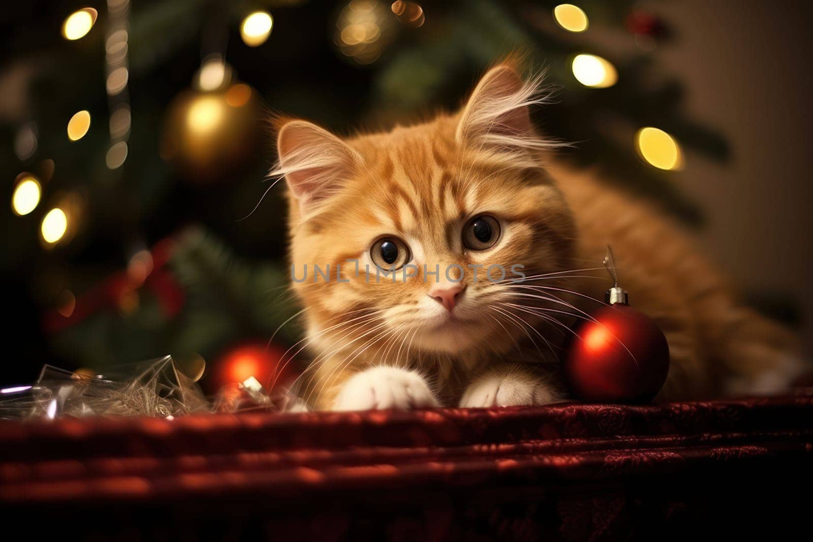 Red Christmas Cat, a Beautiful Celebration of Winter with a Cute Kitten in a Festive Decoration, New Year's Gift. Xmas Background by Vichizh