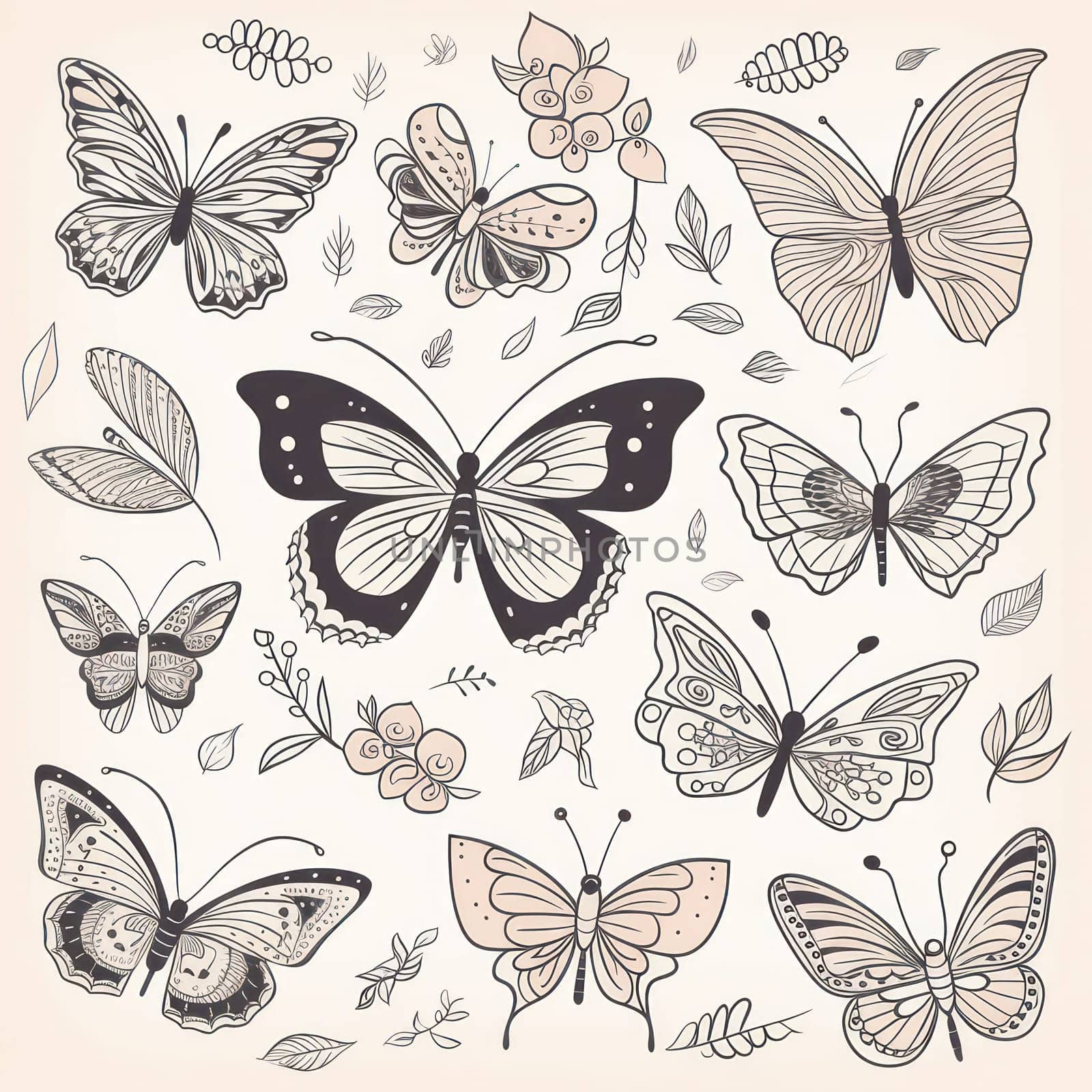 Decorative Butterfly Illustration Set: A Flight of Nature's Elegance Sketched on Vintage Paper by Vichizh