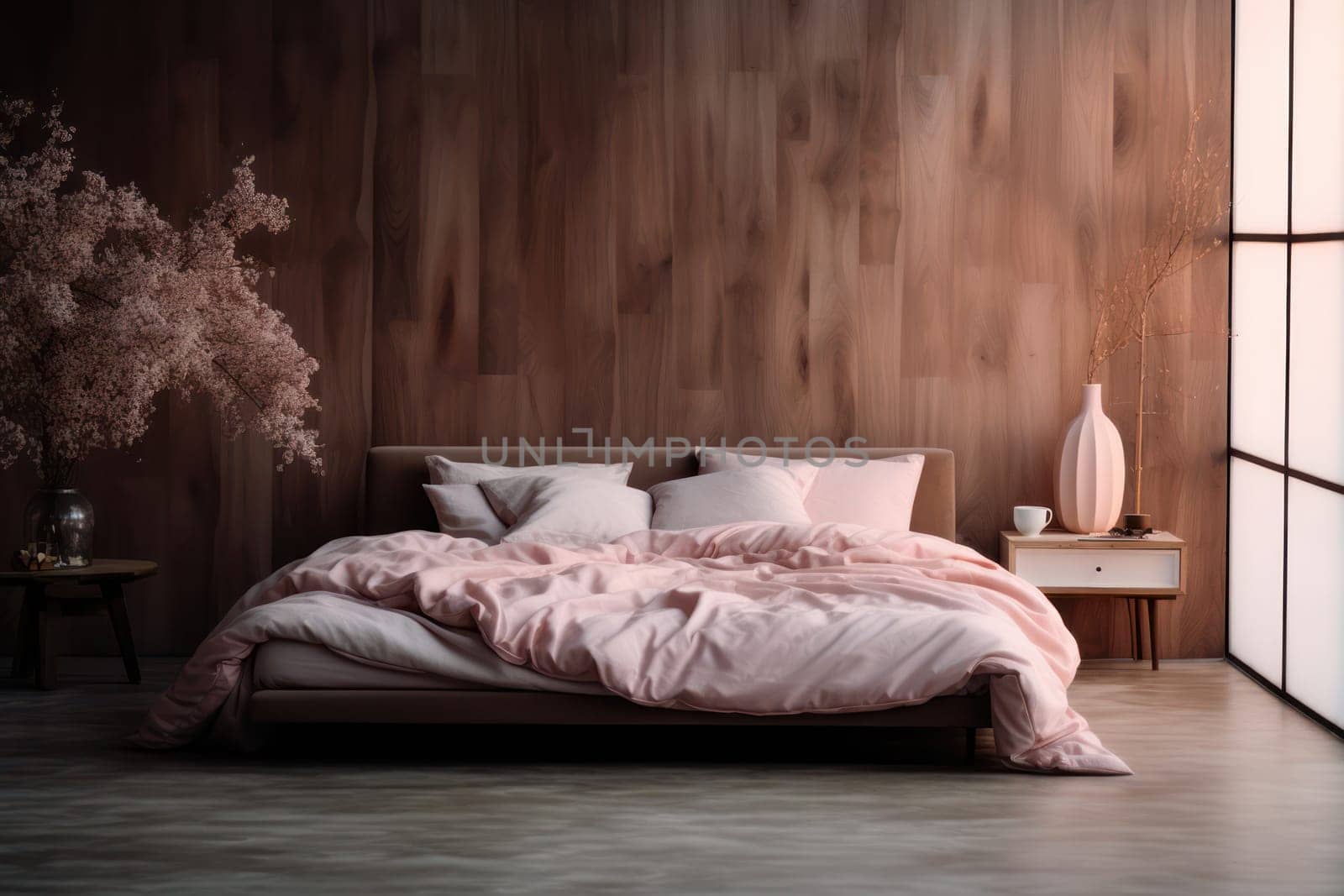Modern Design: Cozy Bedroom with Stylish Furniture and Elegant Wood Wall Decor by Vichizh